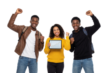 Happy diverse students celebrating success while holding tablet with upward graph on white or transparent background.
