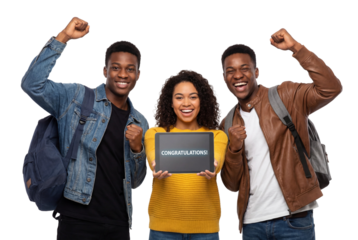 Happy students celebrating success holding tablet with Congratulations message on white or transparent background.