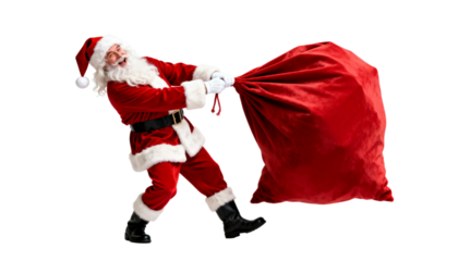 Santa Claus pulling a large red gift bag isolated on white or transparent background for christmas design.