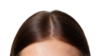 Close-up of woman hair parting and scalp isolated on white or transparent background.