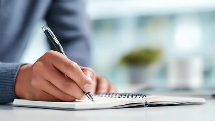 A hand holds a pen and writes in an open notebook, symbolizing ideas, journaling, or studying. The scene conveys concentration, goal setting, and modern work or learning habits