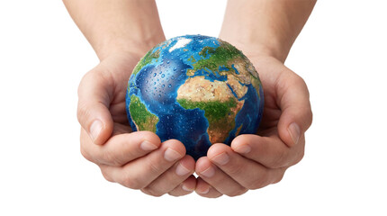 Human hands holding a wet Earth globe for environment and global responsibility on white or transparent background.