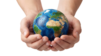 Human hands holding a wet Earth globe for environment and global responsibility on white or transparent background.