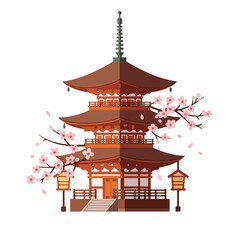 Japanese pagoda with cherry blossom branches and lanterns, ideal for travel brochures, asianinspired designs, or spring festival event promotions.