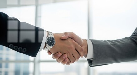 Businessmen shaking hands in modern office setting with handshake