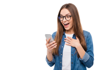 Surprised woman with glasses looking at smartphone and smiling isolated on white or transparent background.