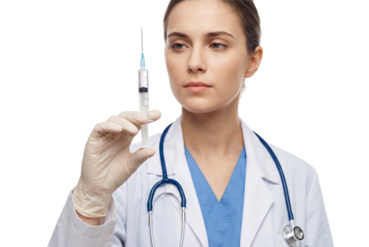 Female doctor holding syringe with protective gloves on white or transparent background. - Powered by Adobe