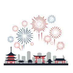 Pagoda and fireworks light up a city skyline in celebration, perfect for event promotions, festive designs, and holiday advertisements.