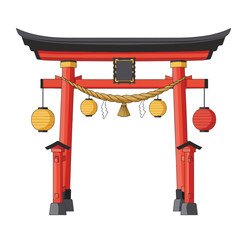 Red torii gate with hanging lanterns and rope suitable for travel brochures, cultural presentations, or background decoration in design projects.
