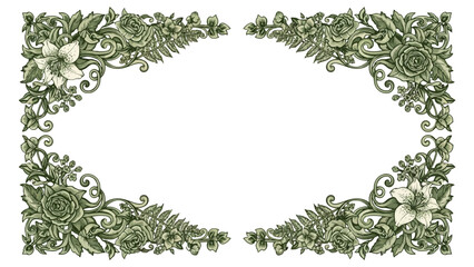 Elegant Decorative Floral Frame Border with Roses and Green Leaves on Isolated White Background