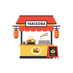 Yakisoba stand at outdoor food stall with customers being served, suitable for food blog, restaurant promotions, and travel guides.