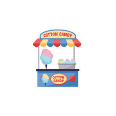 Cotton candy stand with vibrant awning dispensing sweet treats. Perfect for summer event promotions, food blogs, or carnivalthemed designs.