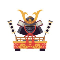 Japanese samurai helmet displayed on a vibrant red stand. This image is perfect for historical, cultural, or martial artsthemed designs.