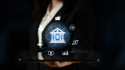 Concept of digital banking and global financial services. A network of secure online transactions, currency exchange, and money management for the international economy. Fermion