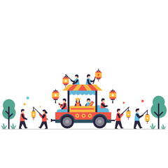 People ride a cart with lanterns at a cultural festival suitable for promoting festive events, cultural celebrations, and community gatherings.