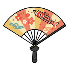 Open japanese fan adorned with carp streamers and cherry blossoms, perfect for cultural designs, asian celebrations, or summer events.