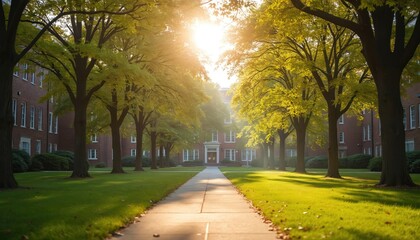 Obraz premium College campus pathway lined with mature trees bathed in bright morning sunlight. Brick buildings flank green lawns creating academic, peaceful atmosphere. Autumn leaves suggest seasonal beauty,