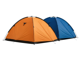 two brand-new dome camping tents (orange and cobalt blue ripstop nylon) perfectly pitched and isolated on a transparent studio background. concept for outdoor product advertising