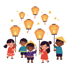 Children celebrating a festive event with lanterns, showcasing happiness and cultural diversity, suitable for asian festival promotions or advertising.