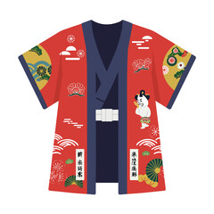 Red japanese happi coat with festive designs. Suitable for cultural events, celebrations, and asianthemed designs in marketing materials.