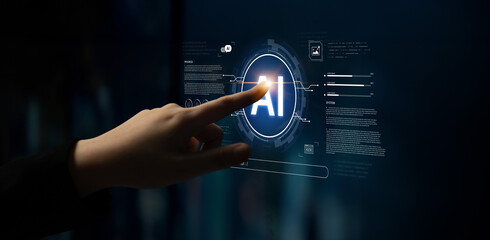 A futuristic interface for a generative AI system. A developer enters a prompt to initiate coding, data processing, and monitor the system's progress and performance. Fermion
