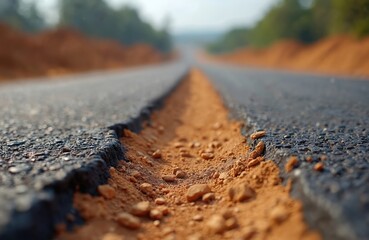 Unfinished asphalt road under construction. Orange dirt and gravel form a rough border along the dark grey pavement. Roadway stretches into distance with trees lining sides.