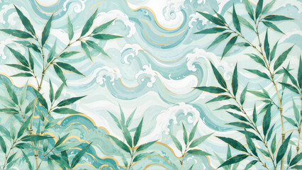 Bezszwowy wzór z liśćmi bambusa w pastelowych kolorach
