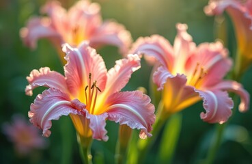 Fototapeta premium Soft pink daylilies bloom in a garden. Delicate petals unfurl with ruffled edges. Golden light illuminates the stamens and centers. Natural background of green leaves adds depth.