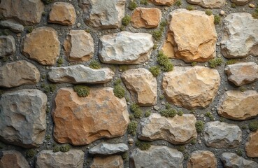 Fototapeta premium Rough stone wall texture with moss growing between uneven blocks. Natural weathered surface pattern with aged mineral material and gritty grey appearance.