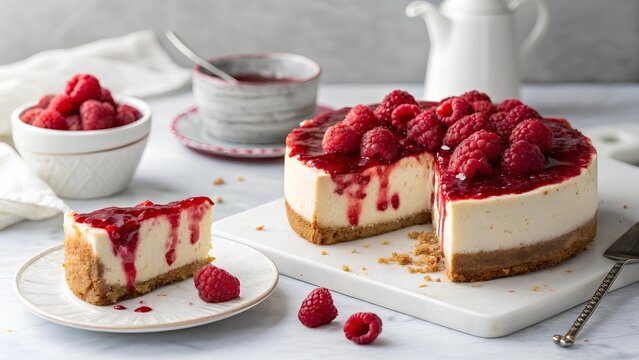 Close-up of raspberry cheesecake with creamy filling, golden crust, fresh raspberries, and dripping raspberry sauce on a white marble board in soft, diffused light
