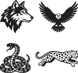 Fototapeta premium Wild Animal Icon Vector Set: Wolf Head, Eagle Flying, Coiled Snake, and Leopard Silhouette Mascot Logos for Sports Team, Security, and Wilderness Graphic Designs
