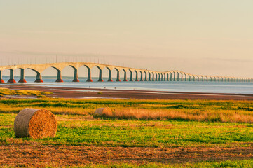 Hay harvesting and iconic Confederation bridge linking the provinces of New Brunswick and Prince Edward island, Atlantic coast of Canada