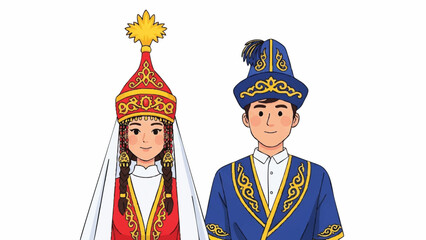 Traditional Central Asian couple in ornate ceremonial attire