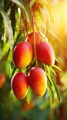 Ripe Mangoes Hanging from Lush Green Tree Branch