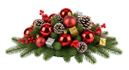 elegant christmas centerpiece with deep-green fir, glossy red baubles, snowy pinecones, and foil gifts, isolated on transparent background with copy space. Concept of holiday celebration