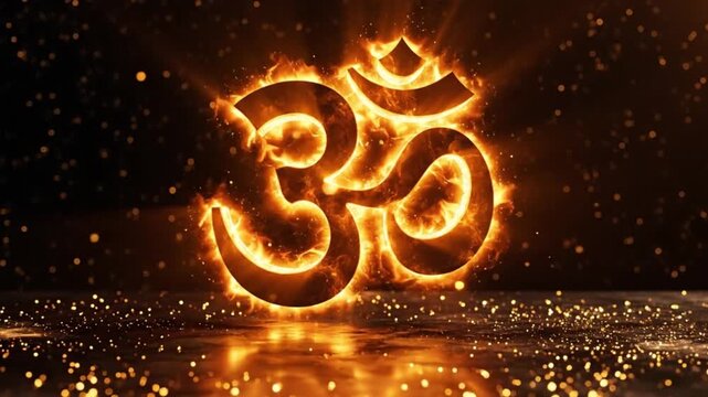 Glowing Om symbol with radiant light trails on a dark background with golden sparks