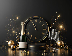 Czarno-złote tło z zegarem wskazującym p&oacute;łnoc, butelkami szampana, kieliszkami i bombkami