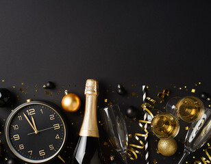 Czarno-złote tło z zegarem wskazującym p&oacute;łnoc, butelkami szampana, kieliszkami i bombkami