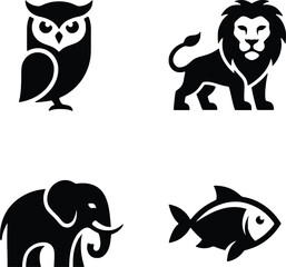 Fototapeta premium Massive Animal Icons Pack: Wild Wildlife, Tropical Birds, and Mammal Logos. Includes Bear, Fox, Eagle, Owl, Lion, Elephant, Toucan, and Fish Silhouettes. Black and White Vector Set