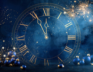 Blue New Year's Eve background with a clock face pointing to midnight, fireworks, gold dust, light bursts, and stars