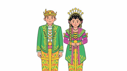 Traditional Southeast Asian Wedding Couple Illustration in Colorful Attire