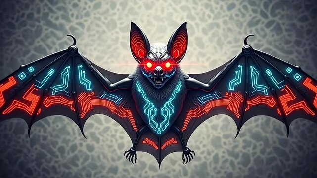 Cybernetic Bat with Glowing Red Eyes and Circuitry Wings.
