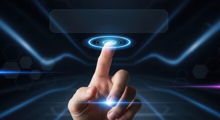 Finger interacting with futuristic interface in dark room with neon lights