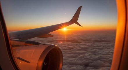 Airplane wing soaring through vibrant sunset above clouds