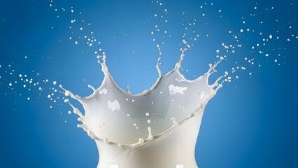 A dynamic splash of milk against a blue background. The milk forms a crown shape with droplets flying outward, creating a visually striking effect.