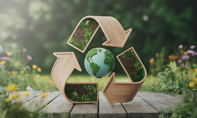 Wooden recycling symbol with earth globe and grass inside arrows on a wooden surface.