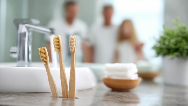 Close up of bamboo toothbrushes in a bright, contemporary bathroom, emphasizing zero waste and green living. The scene highlights family health and environmentally conscious habits