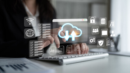 Cloud upload and download icon with surrounding data management, security, and analytics icons in digital interface Parse