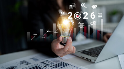 Bar graphs, charts, and number 2026 with AI and data analysis icons symbolizing future business innovation and analytics Parse