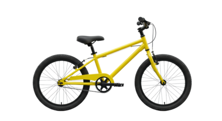 a vibrant glossy canary yellow children's bicycle with matte black accents, pristine and unused, isolated in a professional studio shot on a transparent background with open copy space. concept of